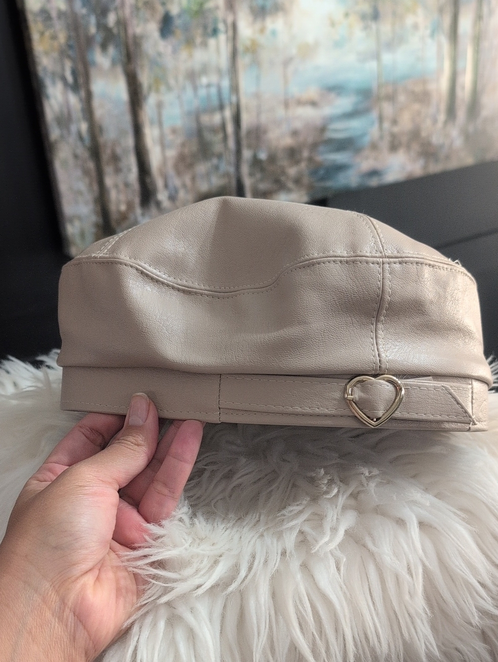 Women's Faux Leather Newsboy Cap in Taupe with Heart Detail